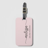 女の子らしい ほんのりピンクのモノグラム 名前 署名 スクリプト ラゲッジタグ (正面縦)