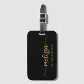 女の子らしい ブラック ゴールド モノグラム 名前 署名 スクリプト ラゲッジタグ (正面縦)