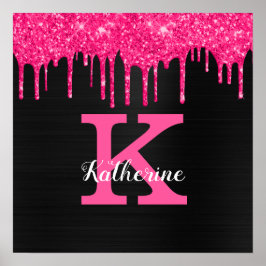 女の子らしい ブラック ホットピンク グリッター ドリップ モノグラム 名前 ポスター