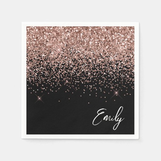 女の子らしい ブラック ローズゴールド グリッター モノグラム スタンダードカクテルナプキン (正面)
