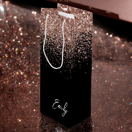 女の子らしい ブラック ローズゴールド グリッター モノグラム ワインギフトバッグ