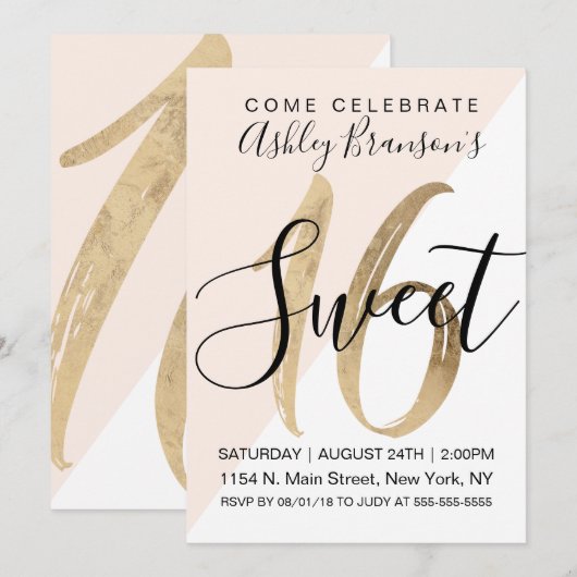 女の子らしい ホワイト ブラッシュ ピンク ジオメトリック 偽 ゴールド フォイル スイート 16 招待状 (正面/裏面)