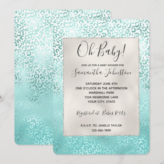 女の子らしい ミント ホワイト グラム オンブレ レオパード プリント 招待状 (正面/裏面)