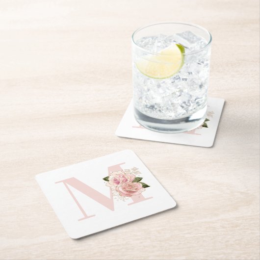 女の子らしい ローズゴールド グリッター フラワー ブッシュ モノグラム スクエアペーパーコースター (インサイチュ)