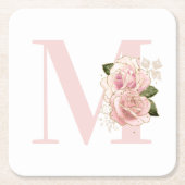 女の子らしい ローズゴールド グリッター フラワー ブッシュ モノグラム スクエアペーパーコースター (正面)