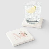 女の子らしい ローズゴールド グリッター フラワー ブラッシュ モノグラム ストーンコースター (横)