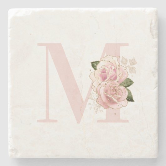女の子らしい ローズゴールド グリッター フラワー ブラッシュ モノグラム ストーンコースター (正面)