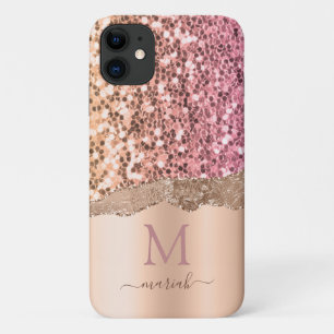 女の子らしい ローズゴールド ブッシュピンク 偽のグリッター モノグラム iPhone 11 ケース