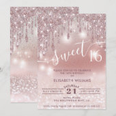 女の子らしい 愛らしい ローズゴールド グリッター ドリップ オンブレ 招待状 (正面/裏面)