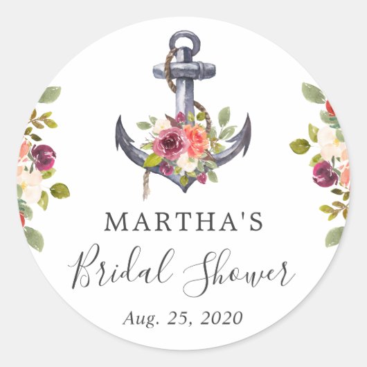 女の子らしい 海洋風 アンカー 花の ブライダル シャワー ギフト ラウンドシール (正面)