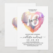 女の子らしい 白い 虹色の ホログラム ハート風船 スイート16 招待状 (正面/裏面)