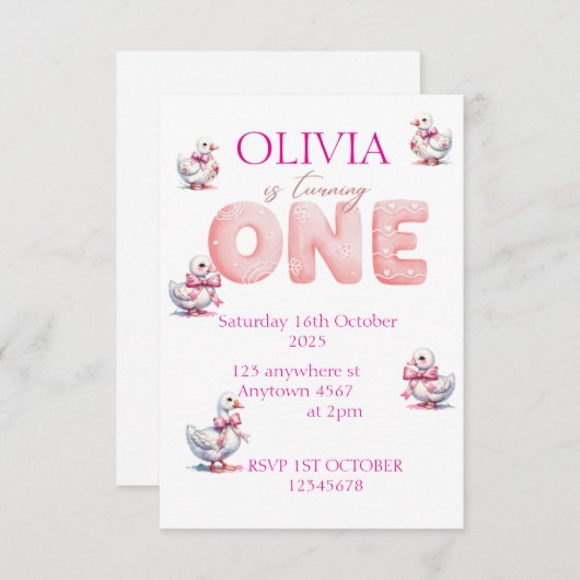 女の子をパーソナライズ1st誕生日ガチョウ日付を保存 セーブザデート (正面/裏面)