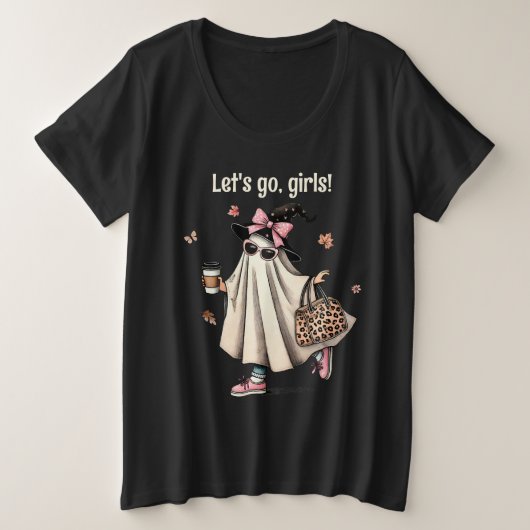 女の子を連れて行こう!」 ハロウィーンガール幽霊とコーヒー プラスサイズTシャツ (デザイン正面)