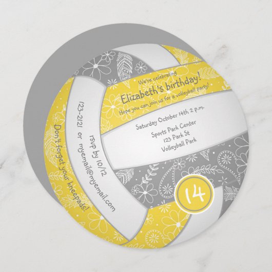 女の子イエローグレーボーホバレーボール誕生日パーティー 案内状 (正面/裏面)