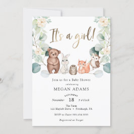 女の子ウッドランド動物ユーカリの赤ちゃんシャワー 招待状