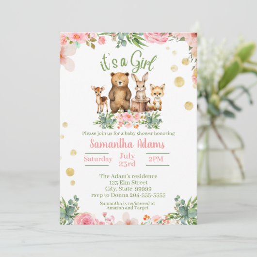 女の子ウッドランド赤ちゃんシャワー招待状 招待状 (スタンド正面)