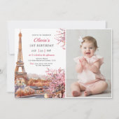 女の子エッフェルタワーパリ1stバースデーフォト 招待状 (正面)