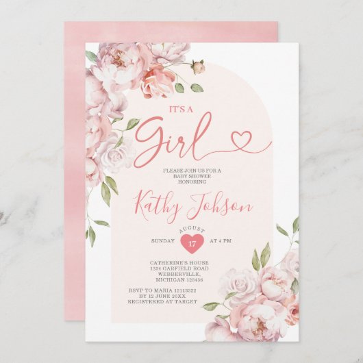 女の子エレガントピンクの花の女の子ベビーシャワー 招待状 (正面/裏面)