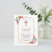 女の子エレガントピンクフローラファーストホーリーコミュニオン 招待状 (スタンド正面)