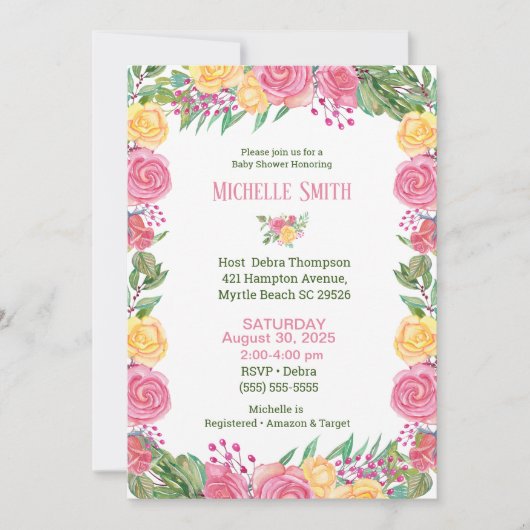 女の子エレガントピンク黄色のバラ赤ちゃんシャワー 招待状 (正面)