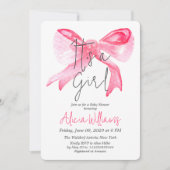 女の子エレガントリボンのピンクボウ赤ちゃんシャワー 招待状 (正面)