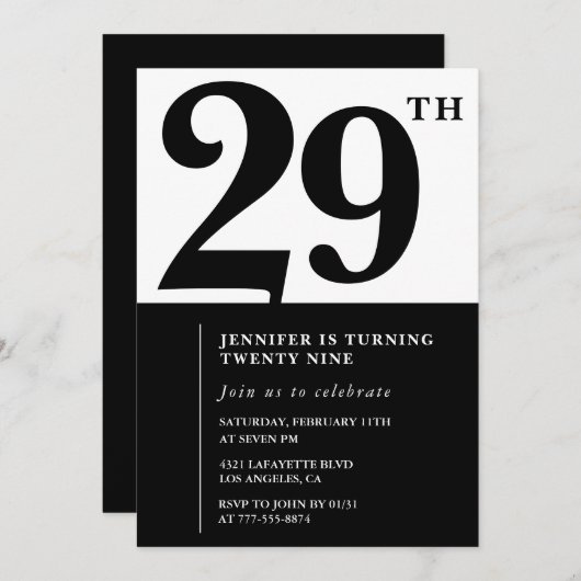 女の子エレガント29歳の誕生日の招待白黒 招待状 (正面/裏面)