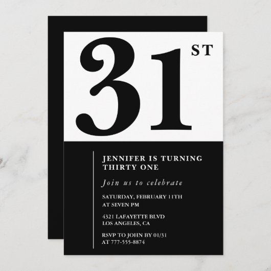 女の子エレガント31歳の誕生日の招待白黒 招待状 (正面/裏面)