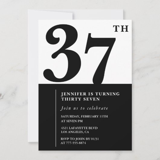 女の子エレガント37歳の誕生日の招待白黒 招待状 (正面)