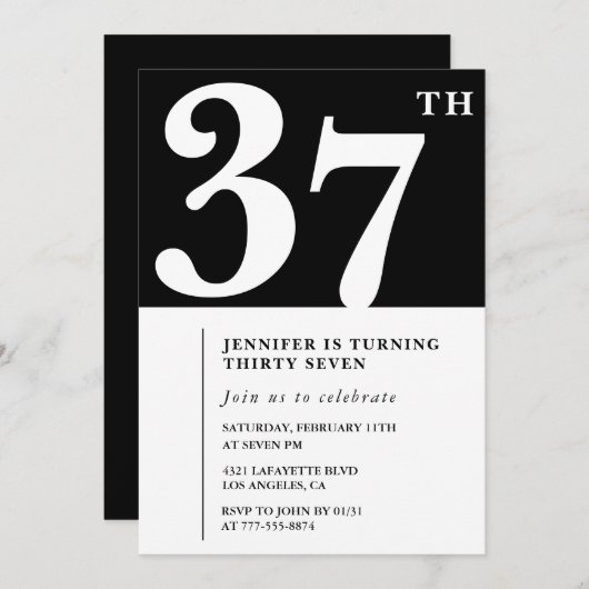 女の子エレガント37th誕生日の招待シックシンプル 招待状 (正面/裏面)