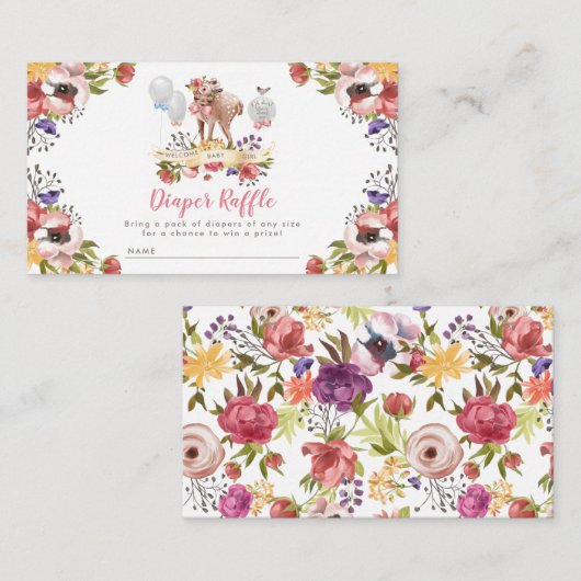 女の子オ鹿の赤ちゃんシャワーおむつラッフル エンクロージャーカード (正面/裏面)