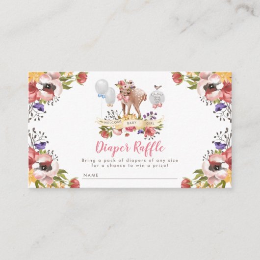 女の子オ鹿の赤ちゃんシャワーおむつラッフル エンクロージャーカード (正面)