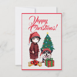 女の子カスタムのクリスマスカードと可愛いコルギ犬 サンキューカード