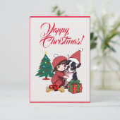 女の子カスタムのクリスマスカードと可愛い英国のブルドッグ サンキューカード (スタンド正面)