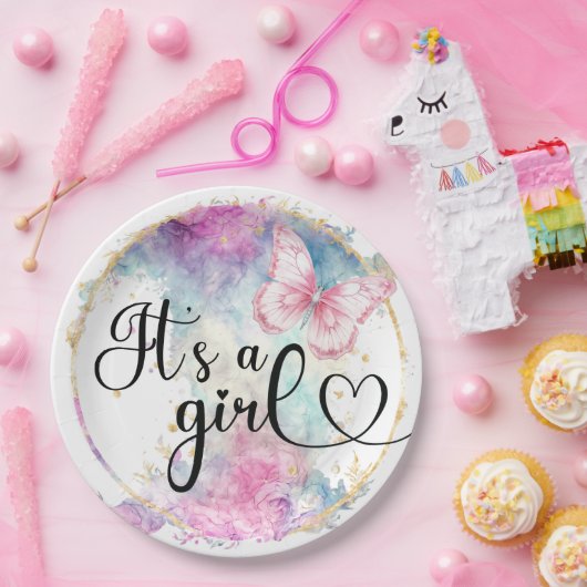 女の子カラーインクバタフライ ペーパープレート (パーティー)