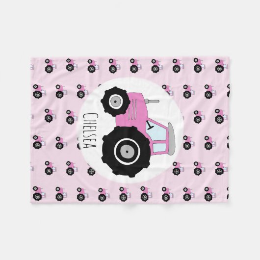 女の子カワイトピンクのトラクター柄(名前の子供) フリースブランケット (正面(横))