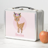 女の子カワイトピンクのフローラ鹿と花の子ども メタルランチボックス (インサイチュ)