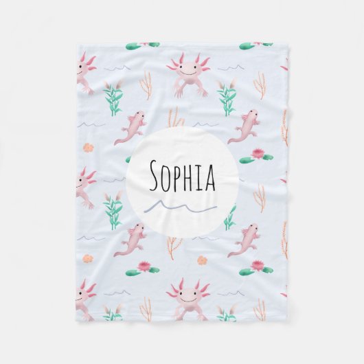 女の子カワイトピンクアクソロトルリバーパターンキッズ フリースブランケット (正面)