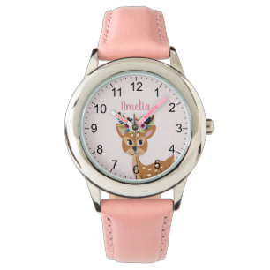 女の子カワイトピンクフローラ鹿&フラワーズキッズ 腕時計