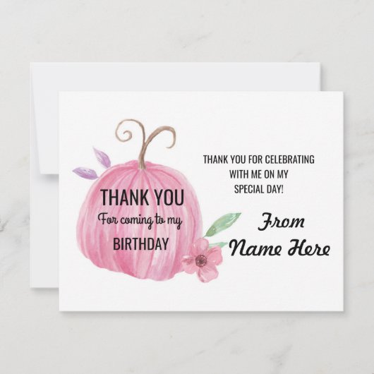 女の子カードカボチャピンクのあらゆる年齢誕生日ありがとう サンキューカード (正面)
