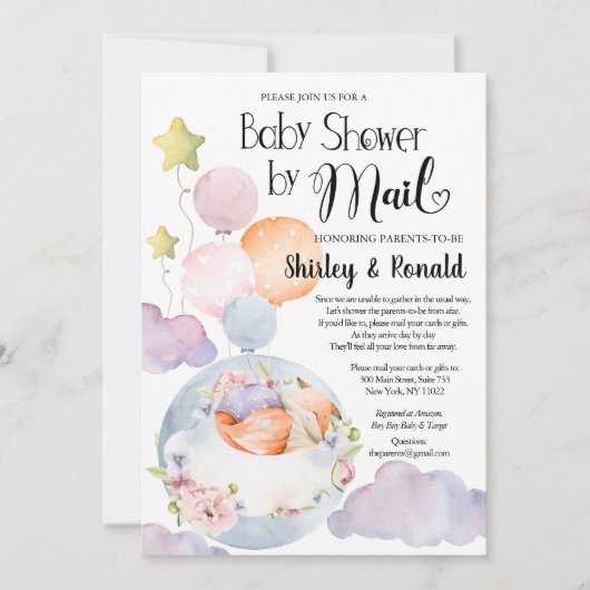 女の子キツネピンクフローラバルーン赤ちゃんシャワーbyメール 招待状 (正面)