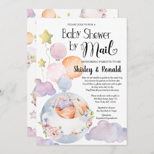 女の子キツネピンクフローラバルーン赤ちゃんシャワーbyメール 招待状 (正面/裏面)