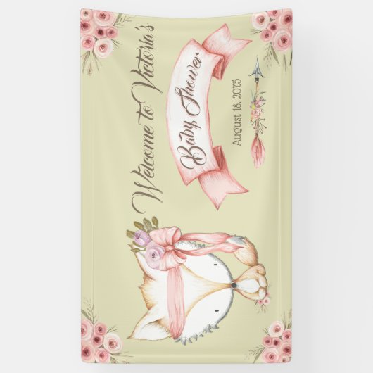 女の子キツネベビーガールシャワーバナー 横断幕 (縦)