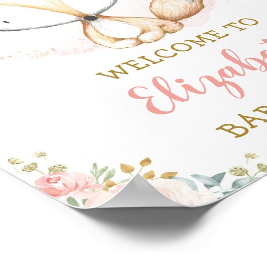 女の子キツネ水色赤面ピンクフローラ赤ちゃんシャワー ポスター (角)