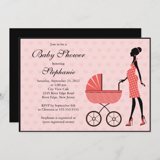 女の子キャリッジベビーシャワーがあるモダンなお母さん 招待状 (正面/裏面)