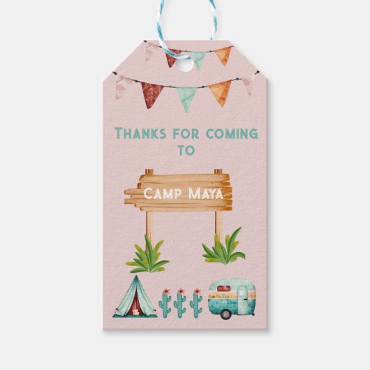 女の子キャンピングアドベンチャースランバーバースデーパーティー ギフトタグ (正面)