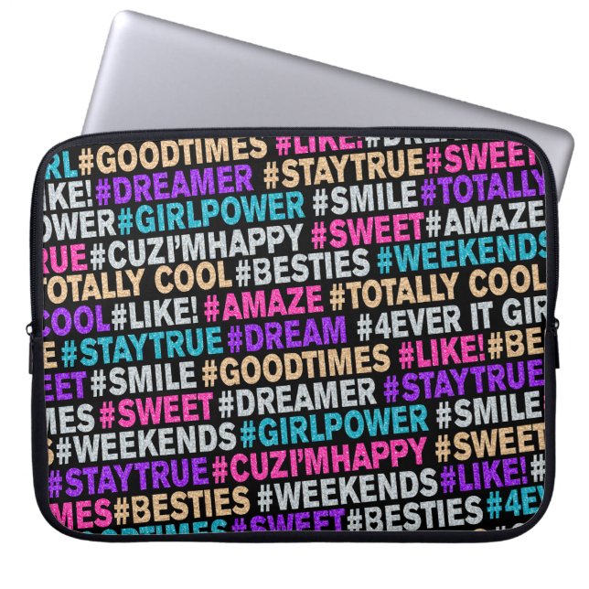 女の子ギフト明るいグリッターのハッシュタグ前向き語 ラップトップスリーブ (正面)