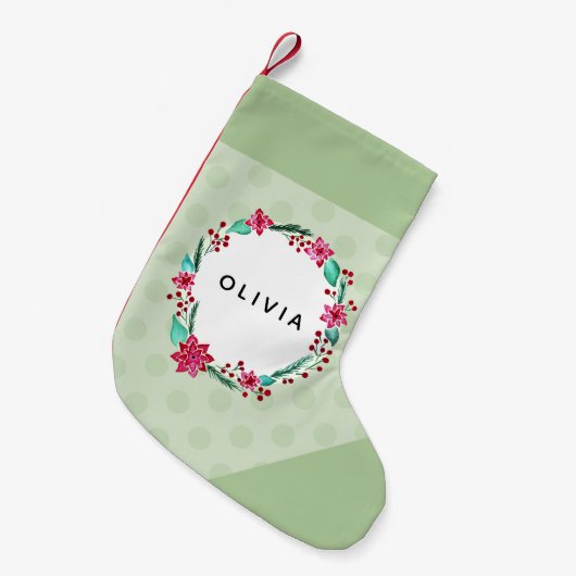 女の子クリスマスキュートな花のリースと名前の子供 スモールクリスマスストッキング (正面 (吊り時))