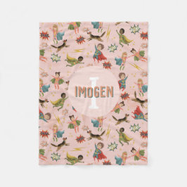 女の子クールピンクのスーパーヒーローキッズ フリースブランケット