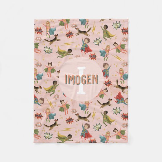 女の子クールピンクのスーパーヒーローキッズ フリースブランケット (正面)