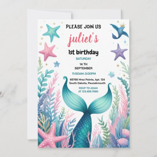 女の子クール魚の海の青の人魚1日の誕生日 招待状 (正面)
